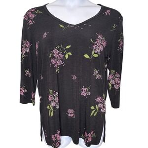 VTG Carolyn Strauss Womens Black‎ Floral V-Neck Blouse Sz L Slinky Chic Traveler